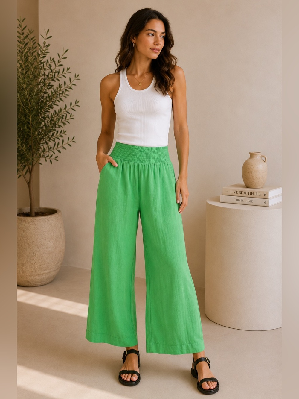 Linen Blend Wide Leg Pants High Rise Smocked Waist Kelly Green M